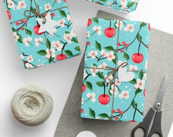 Cherry Blossoms and Red Cherry Wrapping Paper - A Blossom of Beauty for Your Gifts