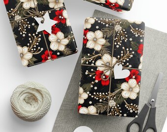 Snow White Magnolia and Red Poinsettia - Christmas Wrapping Paper