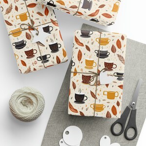 Colorful Leaves and Steaming Mugs Gift Wrap - Mugs & Leaves Wrapping Paper