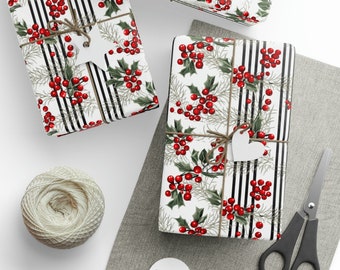 Black and White Christmas Stripes with Elegant Holly Berries Gift Wrap