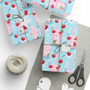 Retro Milkshake & Cherries Wrapping Paper - Dessert Wrapping Paper - Nostalgic Treat for Your Gifts