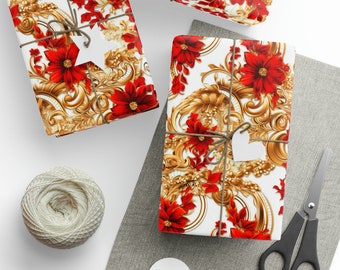 Regal Christmas Poinsettias and Gold - Christmas Wrapping Paper