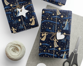 Celestial Angel Christmas Wrapping Paper - Heavenly Skies Gift Wrap - Stardust Serenade Gift Wrap