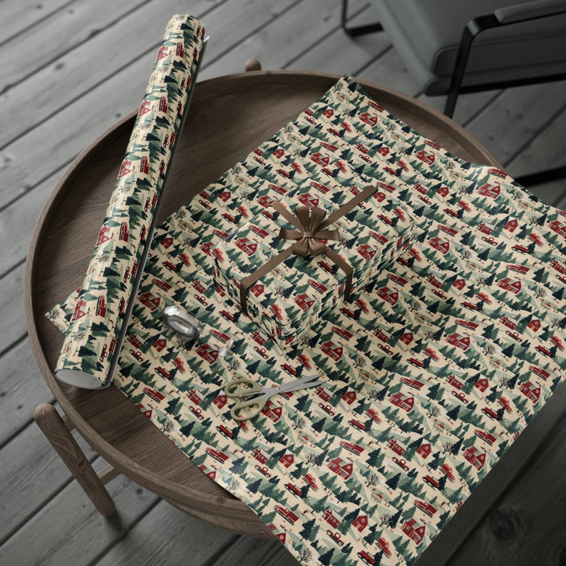 Vintage Farmhouse Christmas Gift Wrap Rustic Christmas Gift Wrap Nostalgic Barns & Snow Farm Wrapping Paper image 3