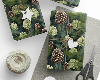 Hydrangea and Pinecone Winter Wrapping Paper - Winter Blooms Wrapping Paper