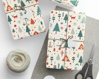 Retro Christmas with Christmas Trees and Deer - Christmas Wrapping Paper