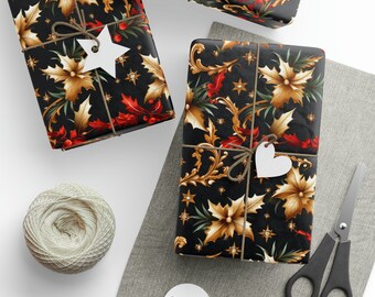 Gold Poinsettia and Red Holly Christmas on Black - Christmas Wrapping Paper