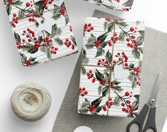 Holly Berry Stripe Christmas Gift Wrap - Holly Stripe Christmas Wrapping Paper