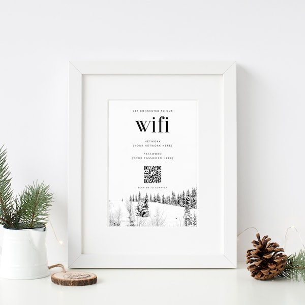 Editable Wifi Password & QR Code Sign | AirBnb Wifi Sign | Guest Wifi Sign | QR Code Signage | Customizable Sign | VRBO | Mountain Retreat