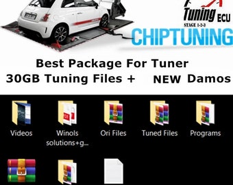 May include: A computer screen displaying a folder structure with the text "Tuning ECU Stage 1-2-3 CHIPTUNING" at the top. The folders are labeled "Videos", "Winols solutions+g...", "Ori Files", "Tuned Files", "Programs", "80k", "OBD2 Software", and "rar pass". The text "Best Package For Tuner 30GB Tuning Files + NEW Damos" is displayed below the folders.