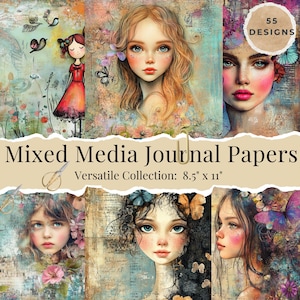 Papel digital de chicas caprichosas / Papeles digitales de técnica mixta / Papeles de scrapbooking para descarga digital / Diarios artísticos / Papeles de diario basura