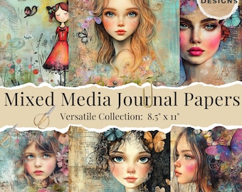 Whimsical Girls Digital Paper | Mixed Media Digital Papers | Scrapbooking Papers Digital Download | Art Journaling | Junk Journal Papers