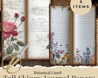 Tall dagboekpapier, botanische bloemen met gelijnde lijnen, vintage digitaal papier voor reizigersnotitieboekjes, gevoerde ephemera, magere dagboekpagina
