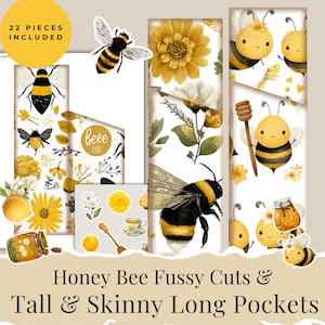 Honey Bees Fussy Cuts, Bee Tall Skinny Pockets, Vintage Honey Ephemera, Honeycomb Junk Journal Art Scrapbooking Supplies, Bee Printables