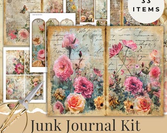 Meadow Garden Junk Journal Kit, Botanical Junk Journal, Flower Journal Kit WildFlower Collage Printable, Floral Tag, Meadow Cards & Ephemera