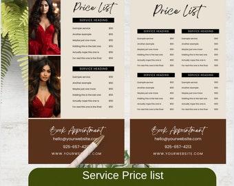 Hair, makeup services price list template in Canva - two page template for price advertising