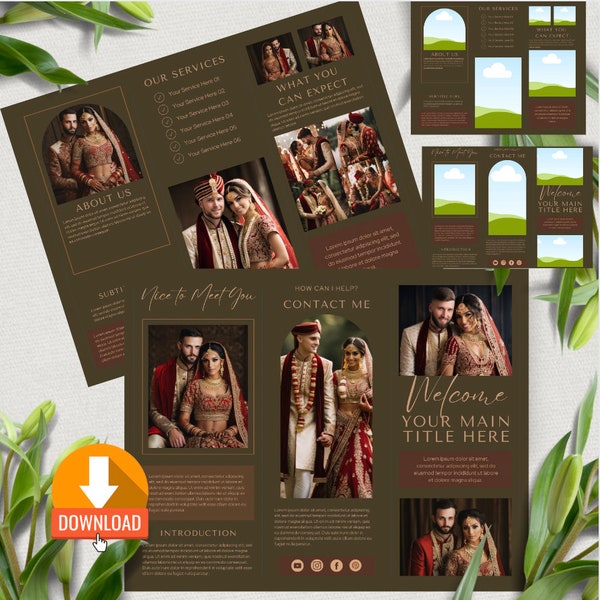 Indian Wedding/ Bridal Wear Business Trifold Flyer & Template with Bride-Groom Stock Images