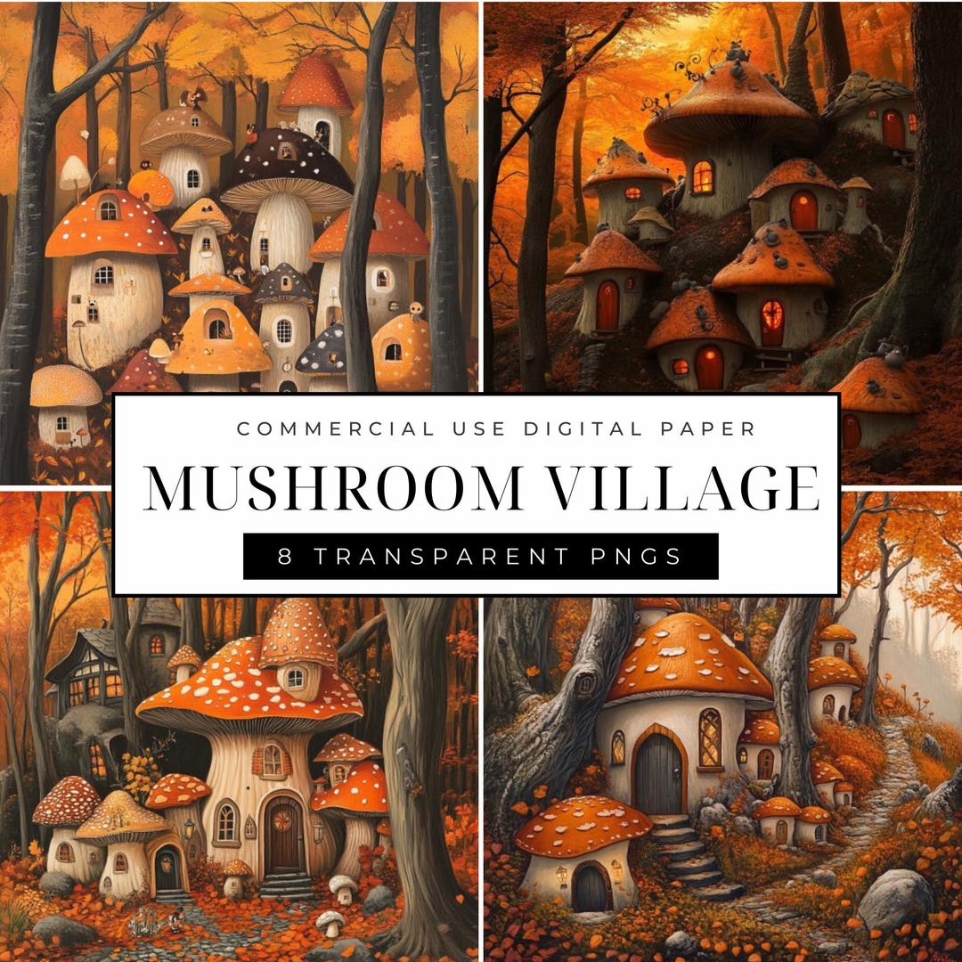 Mushroom Village Digital Paper, Fantasy Mushrooms Digital Papers ...