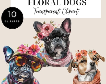 かわいい花柄の犬のクリップアート - 花柄のペット - ペットのイラスト - 犬のクリップアート - 水彩画の犬のクリップアート - 昇華 PNG - 犬の花柄