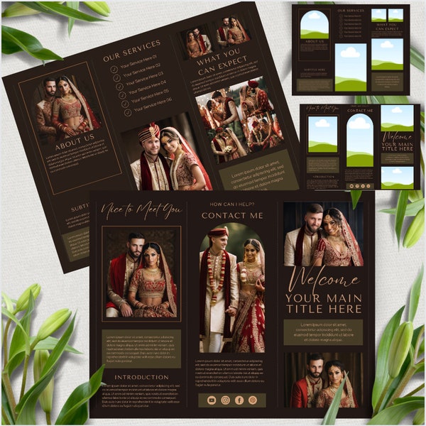 Indian Wedding Planner/ Bridal Wear Business Trifold Flyer & Template with Bride-Groom Stock Images