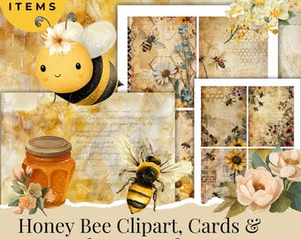 Printable Honey Bee Junk Journal Kit,  Vintage Bee Ephemera, Honeycomb Papers, Bee Print, Scrapbook Papers