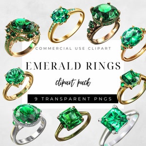 May include: Nine emerald rings with gold and silver settings. The rings feature different styles of emerald cuts and settings.  COMMERCIAL USE CLIPART EMERALD RINGS clipart pack 9 TRANSPARENT PNGS