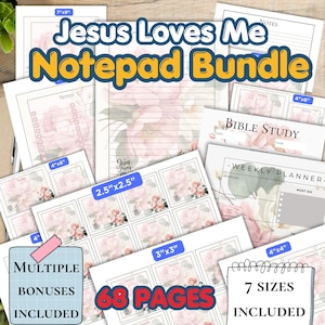 Jesus Loves Me NotePads, Christian Printable Notepad Bundle, Bible Study and Weekly Planner, 7 Sizes Printable Sheets PDF