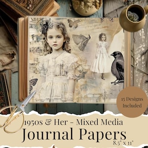 Collage de retratos de mujeres retro, efímeros vintage de los años 50, páginas de diario de técnica mixta (descarga digital) 15 páginas incluidas