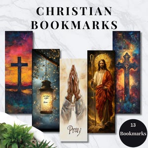May include: Set of 13 Christian bookmarks featuring various religious imagery, including a cross, praying hands, a lantern, and Jesus. The bookmarks are printed on high-quality cardstock and are perfect for adding a touch of faith to your Bible or favourite book.