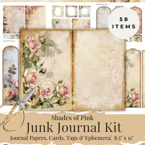 Shades of Pink Junk Journal Kit | Vintage Floral Ephemera | Boutique Junk Journal Paper | Pink Ephemera | Pink Tag | Shabby Chic Journal Kit
