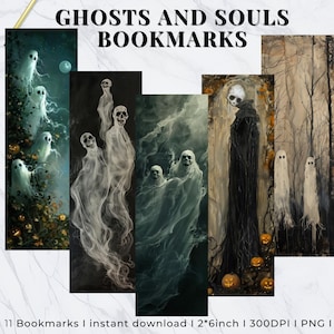 May include: Set of 11 printable Halloween bookmarks featuring spooky ghosts and souls in a variety of styles. The bookmarks are 5.1 cm wide by 15.2 cm tall and are 300 DPI.
