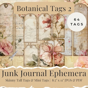 Botanical Florals Junk Journal Tags – Printable Skinny & Mini Tags | Vintage Floral Ephemera | Instant Download JPG + PDF | Fall Ephemera