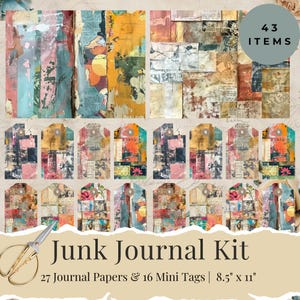Patchwork Junk Journal Kit, Collage Scrapbook Digital Papers, Rustic Patch Tags, Vintage Junk Journal Papers, Patchy Work Art Papers