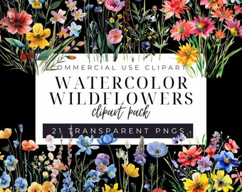 Watercolor Wildflowers Clipart,Watercolor Journal Use Clipart,21 Wildflower Transparent PNGs, Wildflowers Clipart Set,Wildflower Journal Use