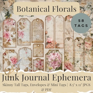 Botanical Florals Junk Journal Tags – Printable Skinny & Mini Tags | Vintage Floral Ephemera | Instant Download JPG + PDF