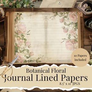 Minimalist Floral Lined Journal Pages, Printable Vintage Digital Download, Junk Journal Kit, Floral Ephemera, Shabby Chic Lined Papers