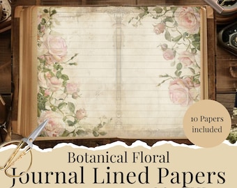 Minimalist Floral Lined Journal Pages Junk Journaling Kit, Neutral Printable Paper, Book Digital, Vintage Craft, Download Scrapbooking