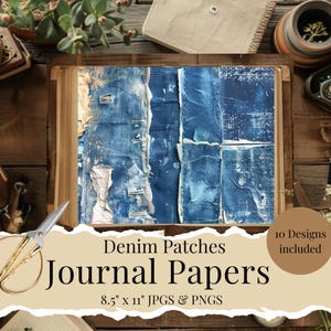 Pagine di diario in denim blu, carta per scrapbooking stampabile in denim, carta denim per bullet journal, carta per diario con design patchwork