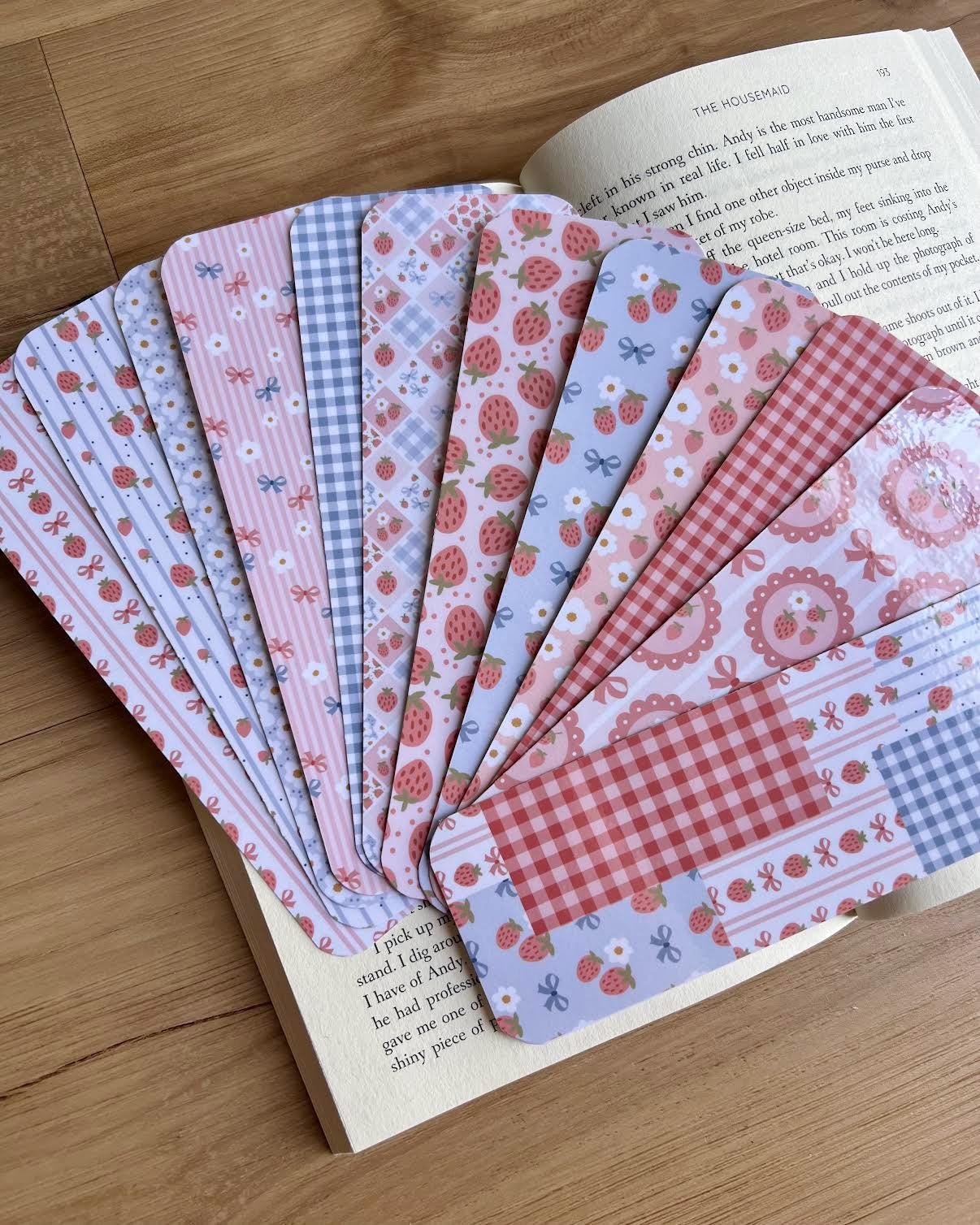Strawberry Bookmark, Coquette Bookmark, Girly Bookmark, Gingham Bookmark, Bow Bookmark