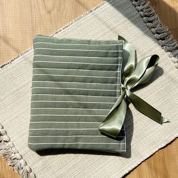 Green Striped Book Sleeve, Handmade Ribbon-Tied Kindle Sleeve, Padded E-Reader Cover, Bow Kindle Sleeve, Book Lover Gift, Bible Sleeve