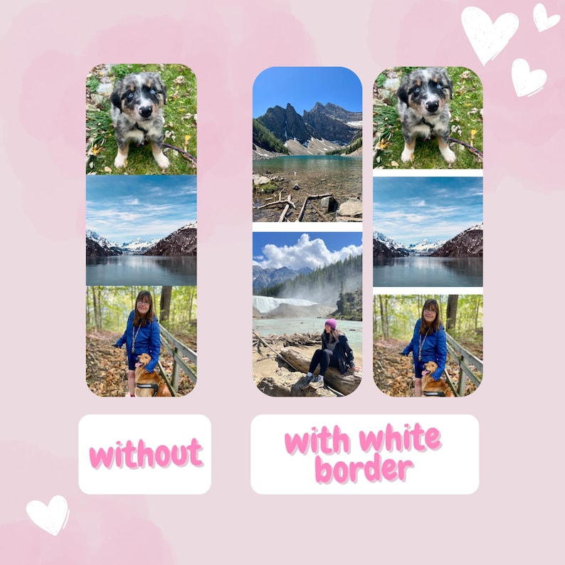 May include: Two side-by-side comparisons of the same image, one with a white border and one without. The image shows a collage of photos of a person and a dog in a mountainous landscape. The top row shows the dog, the middle row shows a lake, and the bottom row shows the person and dog.