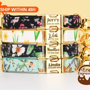 Personalized Polyester Cat Collar with Name, Handmade Engraved Pet Name Metal Buckle Colllar, Custom Fancy Colorful Floral Kitten Collar