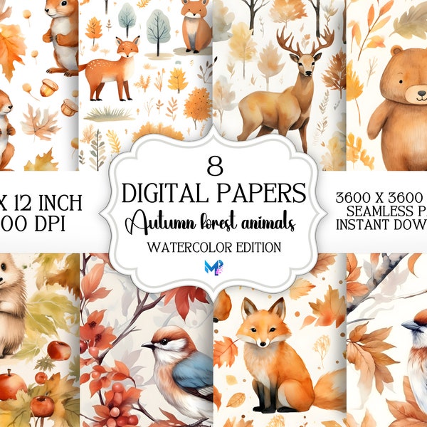 Seamless patterns fall, fall watercolor seamless, fox seamless pattern, cute seamless pattern, bear, deer, birds, fall pattern seamless