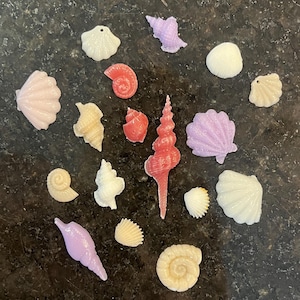 May include: Assortment of colorful seashells in various shapes and sizes. The shells are made of a smooth, glossy material and have a variety of colors, including pink, purple, white, and red.