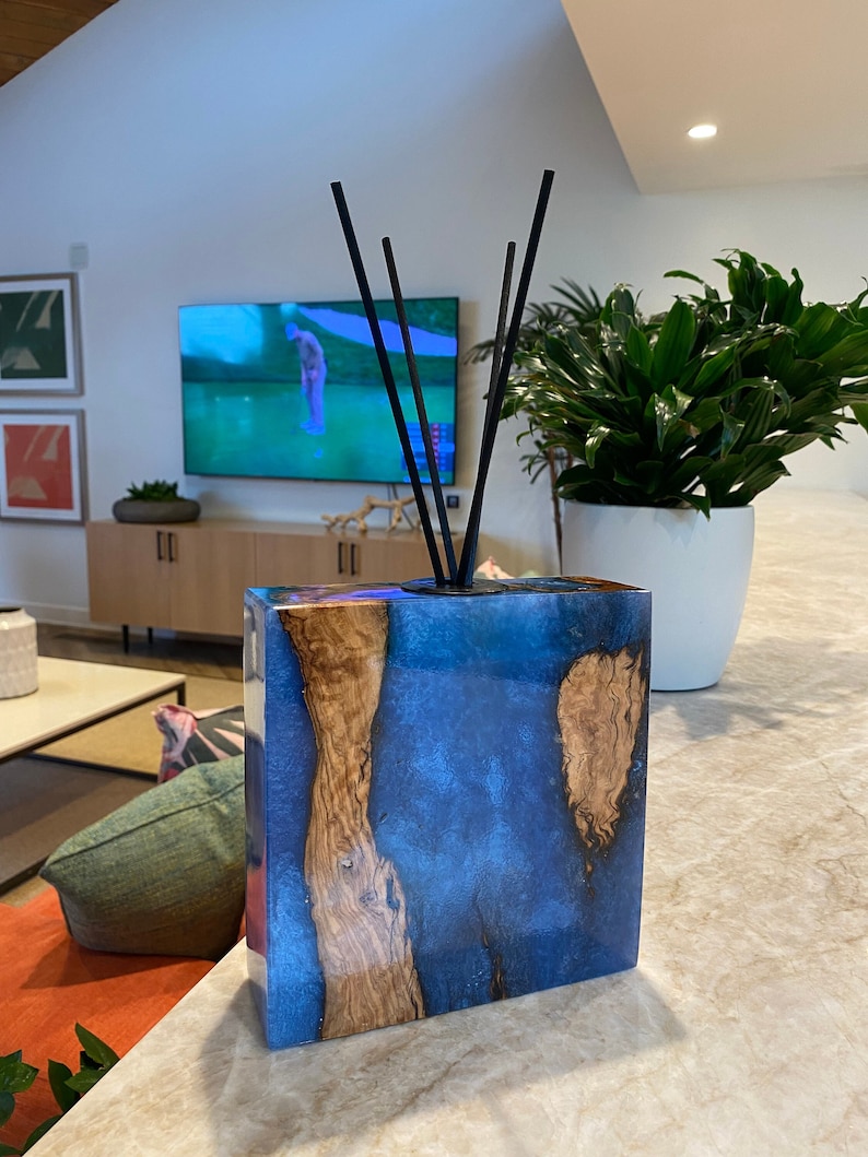 Wooden Square Reed Diffuser Resin Epoxy Natural Olive Tree Art With