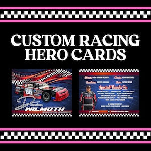 Personnalisé- Cartes Racing Hero- Design recto-verso- Pour cartes 4 x 6- CARTES DESIGN ET PHYSIQUES