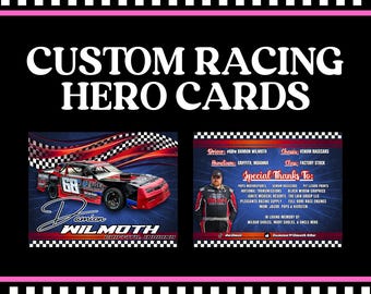 Personnalisé- Cartes Racing Hero- Design recto-verso- Pour cartes 4 x 6- CARTES DESIGN ET PHYSIQUES