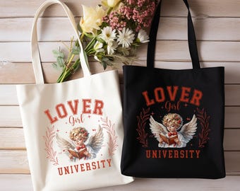 Bolsa de mano roja para amantes de la universidad, con estampado de ángel y cupido, bolsa de mano para biblioteca universitaria, bolsa de regalo para San Valentín