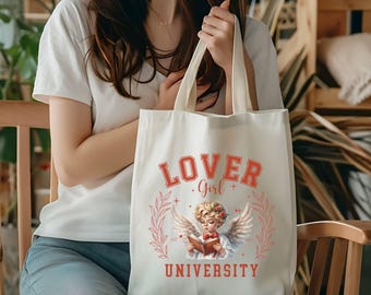 Bolsa de mano roja para amantes de la universidad, con estampado de ángel y cupido, bolsa de mano para biblioteca universitaria, bolsa de regalo para San Valentín