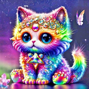 Puede incluir: Un gato de color arcoíris con una estrella en el pecho y una mariposa en el fondo. El gato tiene un pelaje brillante e iridiscente y grandes ojos azules.